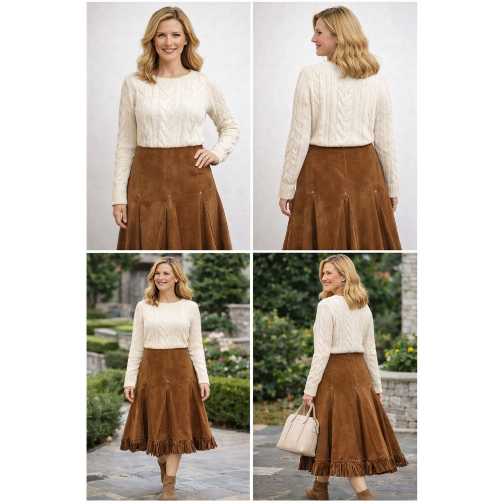 Jan‎ Faulkner Leather Midi Skirt Brown Sz M Western Cowgirl USA Fringe Boho